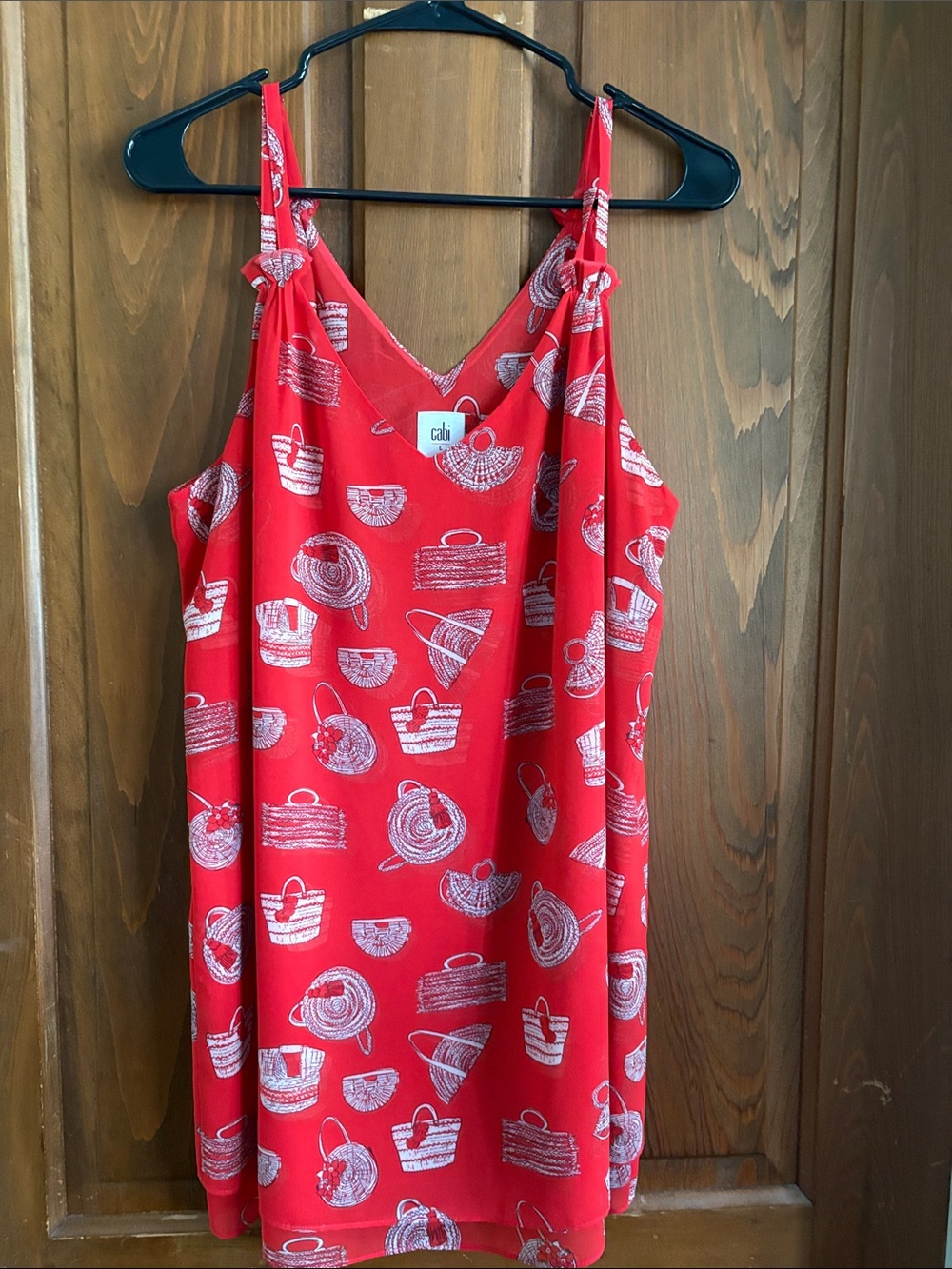 CAbi Red Printed V-Neck Slip with White Basket Motif